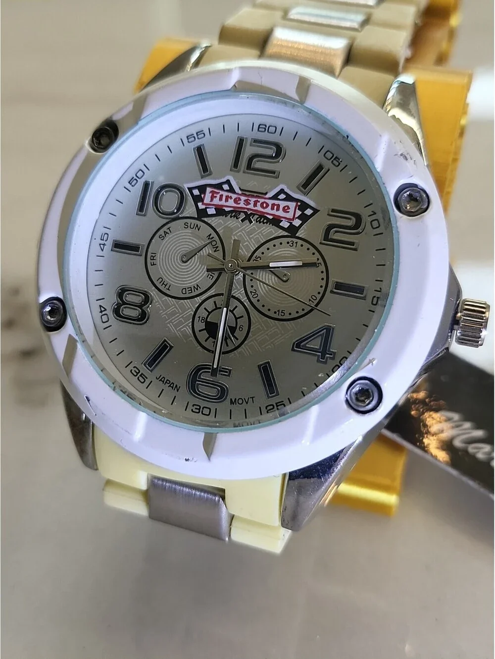 Men's Quartz Watch Working New Battery Automobilia 46mm Firestone Tires WorksNWT